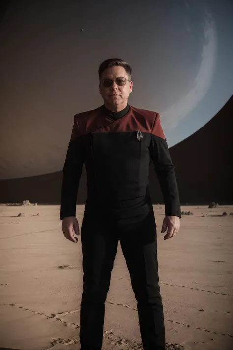 man wearing a red pcdst uniform, black pants, science fiction, dusty planet, outside,
<lora:STPicardUniforms:0.8>