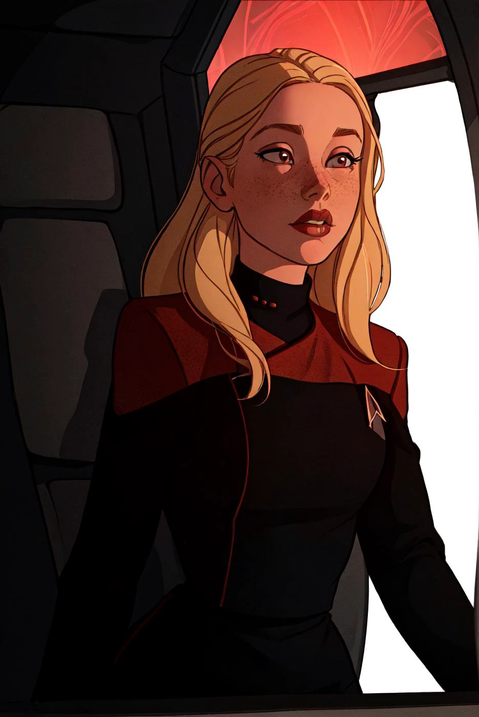 Beautiful blonde young woman with freckles,full lips,wearing (pcdst black and red uniform,black long sleeves:1.2),on a spaceship,(natural colors, correct white balance, color correction, dehaze,clarity) <lora:STPicardUniforms:0.8>,