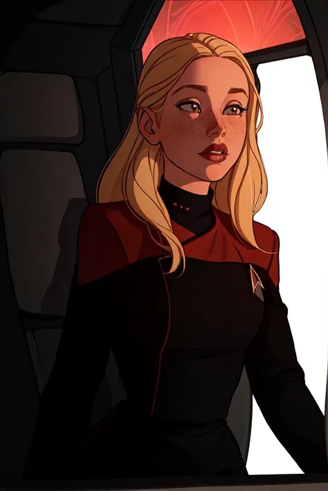 Beautiful blonde young woman with freckles,full lips,wearing (pcdst black and red uniform,black long sleeves:1.2),on a spaceship,(natural colors, correct white balance, color correction, dehaze,clarity) <lora:STPicardUniforms:0.8>,