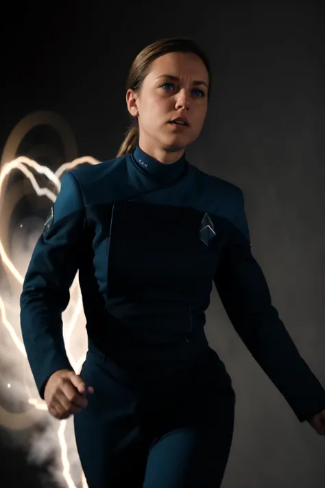 woman wearing a blue pcdst uniform, in action, cinematicaction shot, sparks, explositions, in motion, movement, motion blur, dramatic light,
<lora:STPicardUniforms:0.8>