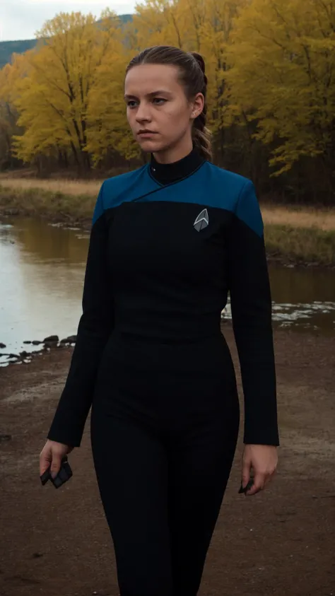 determined young german woman with brown ponytail, (wearing pcdst black and blue uniform,black long sleeves,black pants,black chest,blue shoulders,badge:1.2),on the rural bridge across a river,high,zenith,horizon,looking at an old wagon,tracks,rain,lone tree,colorful,cinematic,(masterpiece), (best quality),<lora:STPicardUniforms:0.8>