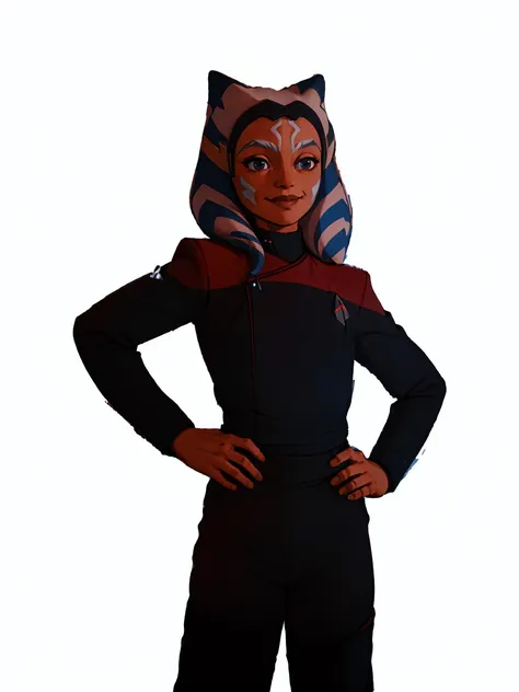 (masterpiece), (best quality), (ahsoka tano:1.3),white and blue head, young, small smile, half body, white background
<lora:Ahsoka_tano_1024_3:0.5>,<lora:STPicardUniforms>,(wearing pcdst red and black uniform,black pants:1.3)