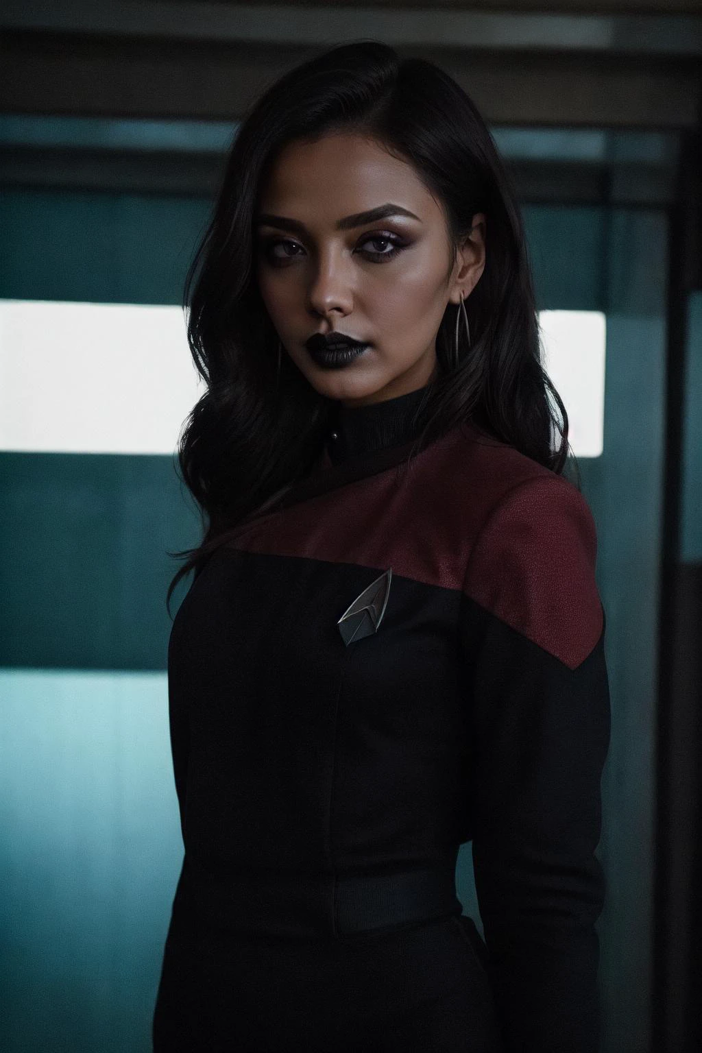 ((best portrait)), (lipstick:0.3), earrings, dark makeup,black lipstick, (masterpiece, best quality), intricate details, realistic, photorealistic, flawless structure, masterpiece, (portrait), natural skin, (long hair), oiled skin, subsurface scattering, shot with cinematic camera, soft lighting, high quality, best quality, masterpiece, best picture, sexy, lovely, stunning
wearing pcdst black and red uniform<lora:STPicardUniforms:0.8>