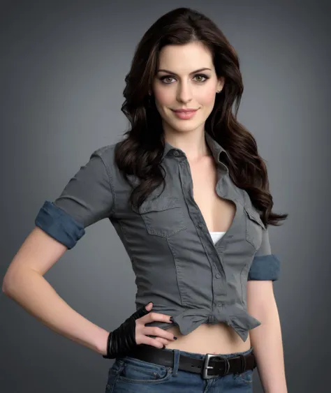 ohwx woman, <lora:hathaway_lora_sdxl_v1:1>, 1girl, solo, long hair, looking at viewer, smile, simple background, shirt, black hair, gloves, multicolored hair, cowboy shot, black gloves, elbow gloves, belt, pants, grey background, makeup, crossed arms, denim, jeans, realistic, leather, ((perfect eyes, detailed eyes,realistic eyes)), ((sharp face, detailed face, realistic face, natural skin, realistic skin, detailed skin, pores)), (masterpiece, best quality, ultra-detailed, best shadow), high contrast, (best illumination), ((cinematic light)), colorful, hyper detail, dramatic light, intricate details, (1 girl, solo) , ultra detailed artistic photography, dreamy, backlit, shadows, ultra high definition, 8k, ultra sharp focus, ultra high quality model, soft lighting, film photography, analogue photography, hyperrealism,