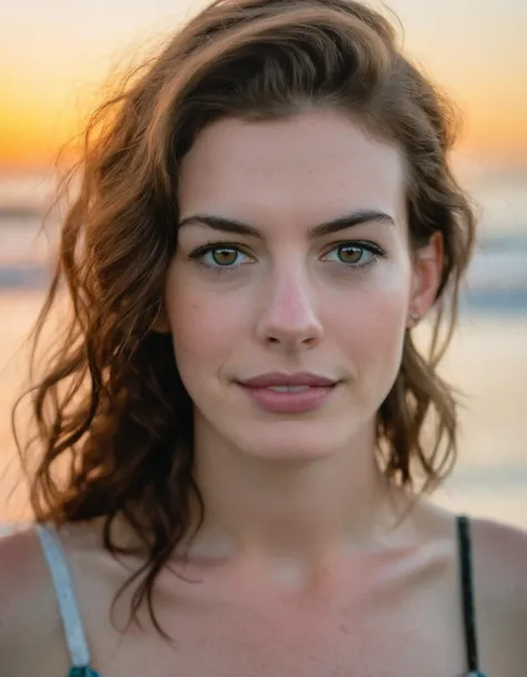 Close-up portrait photography of ((ohwx woman)) <lora:hathaway_lora_sdxl_v1-000008:1> at the beach during sunset, (by Alyssa Monks:1.1), by Joseph Lorusso, by Lilia Alvarado, symmetrical face, beautiful lighting, sharp focus, 8k, high res, (pores:0.1), (sweaty:0.8), Masterpiece, Nikon Z9, Award - winning photograph