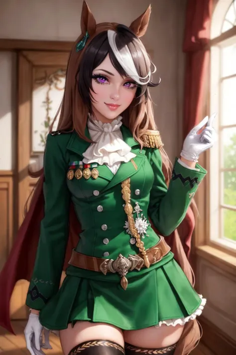 ((best quality)), ((masterpiece)), (detailed),photorealistic, ultra high res, intricate, hyperdetailed, (skindentation), cute, feminine, detailed body , (detailed face:1.1),(perfect eyes), 4k, beautiful,1girl,(medium breasts:1.6),thick eyelashes,long eyelashes,perfect dynamic composition,couple, 
symboli rudolf \(umamusume\),eyeliner,long eyelashes,(purple eyes:1.3),sharp eyes,one eye covered,long hair,horse ears,ear ornament, thick thighs,red cape, epaulettes, aiguillette, medal, green jacket, long sleeves, white gloves, white ascot, buttons, double-breasted, belt, green skirt, frilled skirt, dress, zettai ryouiki, gold trim, black thighhighs, black footwear,jewelry,gyaru,smile,naughty face,thick lips,cowboy shot,dark persona,
(8k), (4k),(Masterpiece), (Best Quality), fantasy, extremely detailed, intricate, hyper detailed, detailed eyes,(perfect face), illustration,soft lighting,(specular lighting:1.4),shiny skin,looking at viewer, 
 <lyco:sybmoli_rudolf_locon_0.99:0.8>
 <lyco:AromaStyle-V9:0.5>