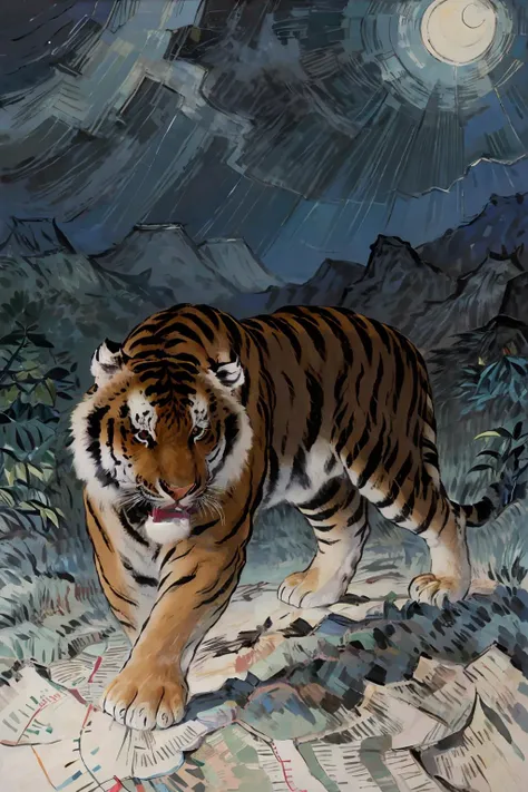 from_below,masterpiece,(tiger:1.3),sky,mountain forest,river,rock,landscape,depth of field,
tiger descending the mountain,(((walking towards the map reader))),(open your mouth wide),<lora:gubinxin:0.7>,
BREAK
night sky,VincentWillemvanGogh,<lora:Vincent Willem van Gogh style:0.9>,