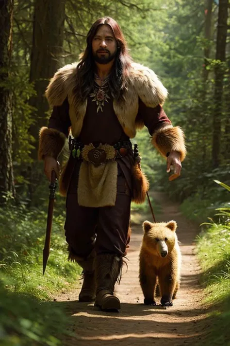 a human druid in the style of dnd , a druid walks next to a bear in the forest,