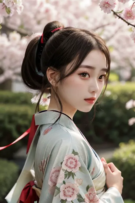 beautiful, solo, best quality, High detailed,
outdoor,
1girl, beautiful face, kimono, ponytail, long hair, ribbon
