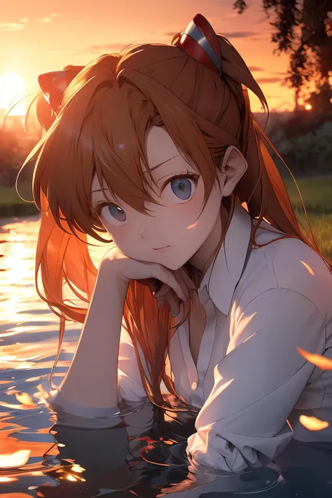 masterpiece,extremely high quality,lbc girl,large chest,Soryu Asuka Langley,(white shirt:1.2),(dress shirt:1.1),sitting sideways,looking at the viewer,red eyes,red_theme,twintails,<lora:lbc_souryuu_asuka:0.8>,
BREAK
((breeze)),flying splashes,flying petals,wind,(water bloom),(delicate glow),(breeze),long Flowers meadow,((sunset)),(less stars form a circle),randomly distributed clouds,(rivers),(willows with branches falling into the water),