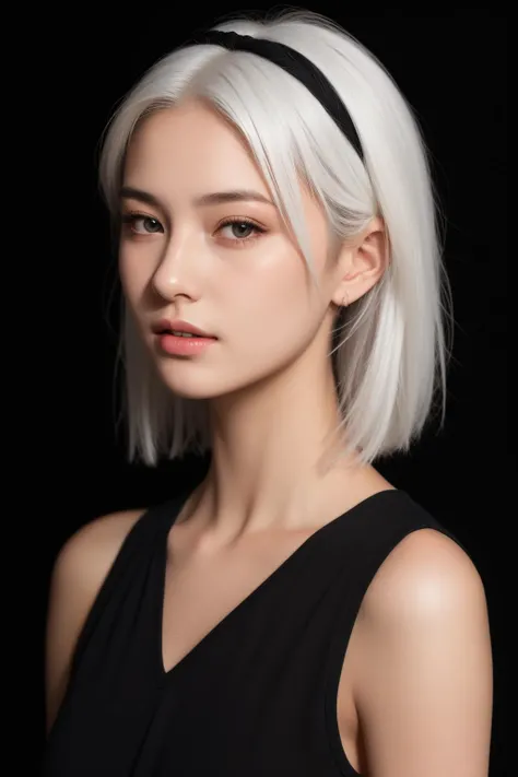 1girl\(18 years old, white hair,perfect face,Princess half-tied hair\),realistic,solo,black background,
