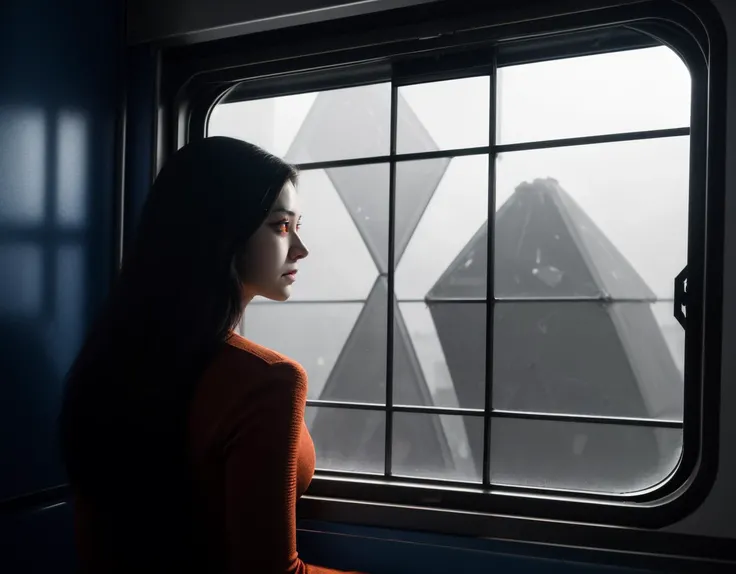 three cornered window, back of head shot of (woman looking out of triangle window:1.1), 3rd person, Looking out the triangular window of a (train:1.1) with triangular windows, triangular windows and triangular, wheels, in a fantasy world,
psychedelic, geometric, vivid light, high contrast, triadic colors, dark shadows, explosions, nuclear mushroom cloud, nuclear explosion, dystopian nightmare,
(beautiful composition),
21 yo woman,