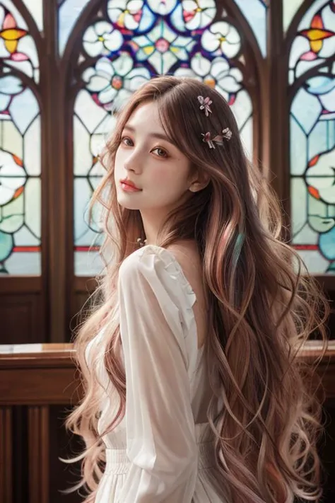 beautiful, 1girl, solo, best quality, High detailed, 
Playing with the tides, Split hair color, the wind, Flying petals, stained glass windows, decorative, intricate details,  2D, lineart, watercolour, mascara, watercolour, hair of drak color, long hair, Wavy,