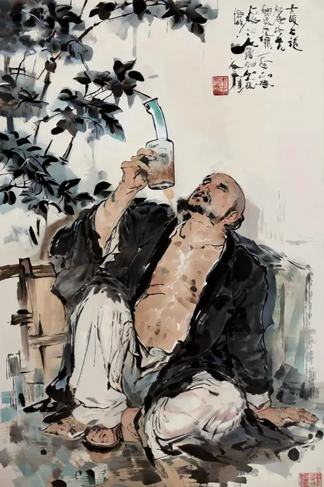 masterpiece,monk,skinhead,((drink)),drunkenness,chinese ink painting,<lora:gubinxin:0.9>,<lora:Vincent Willem van Gogh style:0.7>,
