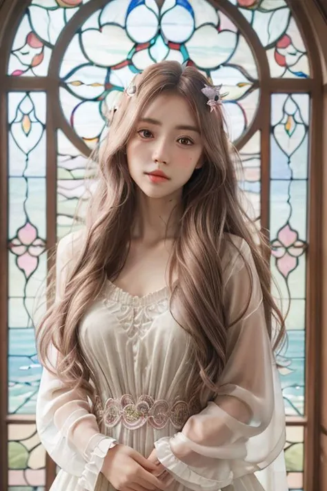 beautiful, 1girl, solo, best quality, High detailed, 
Playing with the tides, Split hair color, the wind, Flying petals, stained glass windows, decorative, intricate details,  2D, lineart, watercolour, mascara, watercolour, hair of random color, super long hair, Wavy,