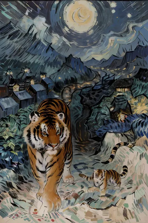 full body,masterpiece,(tiger:1.3),sky,mountain forest,river,rock,landscape,cinematic_angle,
tiger descending the mountain,(((walking towards the map reader))),(open your mouth wide),<lora:gubinxin:0.7>,
BREAK
Starry Night meets Neon Lights: Van Gogh in a Cyberpunk Cityscape,VincentWillemvanGogh,<lora:Vincent Willem van Gogh style:0.9>,