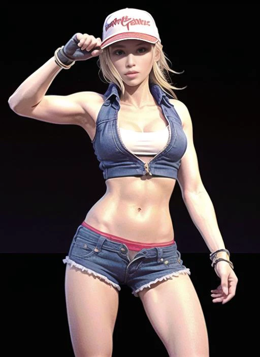 RAW, analog style, A stunning portrait of a beautiful woman, (random background), ((highly detailed skin, skin details)), sharp focus, 8k UHD, DSLR, high quality, film grain, Fujifilm XT3,
best quality, nsfw, terry bogard girl, blonde hair, ponytail, blue eyes, long hair, baseball cap, fingerless gloves, denim shorts, shoes, dark skin,heart (masterpiece, high quality:1.2),realistic, <lora:cutieTerrySNK:1>