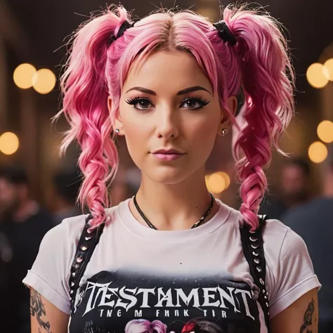 cinematic film still  <lora:Band_Shirt_Crop_Top_SDXL:1>Lianna as woman with twintails pink hair, band shirt, TESTAMENT crop top , shallow depth of field, vignette, highly detailed, high budget Hollywood film, bokeh, cinemascope, moody, epic, gorgeous, film grain