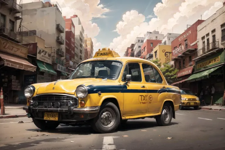 <lora:ambsdr-000006:0.65> ambsdr yellow body, blue stripe, taxi sign on top, in new york city, wide-angle, masterpiece, award winning, parked on a road, buildings in background, natural lighting, cloudy skies, urban, sharp focus, smooth, intricate details, 8k wallpaper, trending on artstation