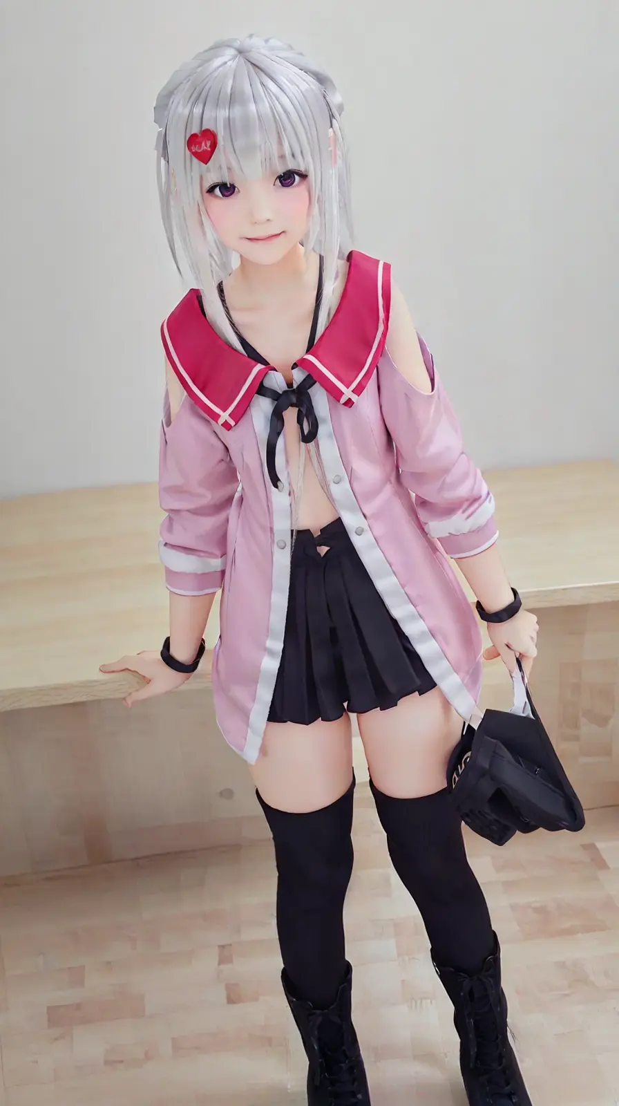 masterpiece, best quality, highres, <lora:Moemi:0.7>, 1girl, silver hair, medium hair, heart hair ornament, bangs, ponytail, purple eyes, black kneehighs, full body, cross-laced_footwear, light blush, light smile, standing, classroom, <lora:japanesedolllikenessV1_v15:0.25>, <lora:no208XiXidaidai_v10:0.4>