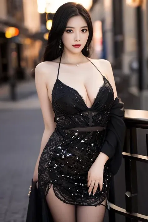 ((1 Extremely beautiful woman))、mature、Beautiful Face、Brown eyes、Detailed lips, Beautiful eyes in every detail, double eyelid, Long eyelashes、(Huge breasts), (curve), Lips parted, Beautiful teeth alignment, blush, Captivating Gaze、Captivating smile, (brunette hair up), (Sexy short silk dress with perfect fit), Thighs, Sexy pose, Detailed background, background: (Celebrity Mansions)、Realistic background and accessories、((Cowboy Shot))、(Advanced Depth of Field)、((masterpiece))、((Highest quality))、reality、reality、High resolution、Very detailed、reality lighting, reality