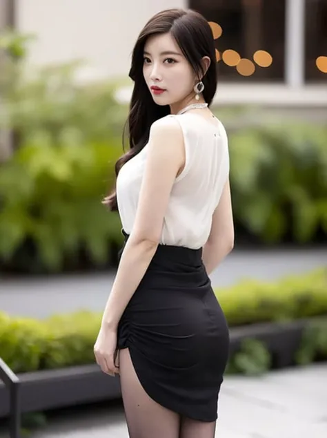 (raw photo:1.2),((photorealistic:1.4)),(Masterpiece),(best quality),((masterpiece)),(highres), original,( extremely detailed 8K wallpaper), 1girl,solo,slim body,Extremely Delicate Beautiful,(Beautiful and detailed eye description),((Delicate Faces)),necklace,slim body, high_heels, stocking, (shirt, skirt), photo_\(medium\), long_hair, depth_of_field, blurry_foreground,looking back, <lora:yomeYang_11:1>,