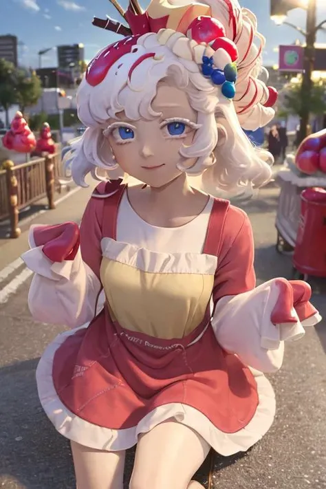 1girl, crkparfait, blue eyes, long hair, white hair multicolored hair, fruit, food, food-themed hair ornament, dress, sleeves past wrists, city <lora:parfait_cookie:1>