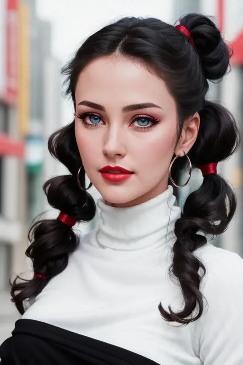 photo of <lora:lyndacarter-07:0.7>, lyndacarter, a woman with ((pale skin, black hair, twin tails, twintails):1.2), ((cowboy shot, waist, hips, thighs):1.2),beautiful skin, ((colorful turtleneck sweater dress):1.2), ((walking, outdoors, city street):1.2),((detailed face, beautiful face, detailed eyes, beautiful eyes):1.1), ((red lipstick, eyeliner, full makeup, eye shadow):1.2),((best quality, masterpiece, extreme details):1.2) ((detailed face, beautiful face, detailed eyes, beautiful eyes):1.2),modelshoot style, (extremely detailed CG unity 8k wallpaper), photo of the most beautiful artwork in the world, , professional majestic (photography by Steve McCurry), 8k uhd, dslr, soft lighting, high quality, film grain, Fujifilm XT3 sharp focus, f 5.6, High Detail, Sharp focus, dramatic