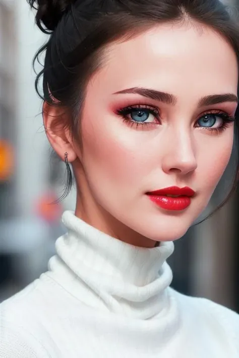 photo of <lora:lyndacarter-07:0.7>, lyndacarter, a woman with ((pale skin, black hair, hair up, hair in bun):1.2), ((closeup, portrait)),beautiful skin, ((colorful turtleneck sweater):1.2), ((outdoors, city street):1.2),((detailed face, beautiful face, detailed eyes, beautiful eyes):1.1), ((red lipstick, eyeliner, full makeup, eye shadow):1.2),((best quality, masterpiece, extreme details):1.2) ((detailed face, beautiful face, detailed eyes, beautiful eyes):1.2),modelshoot style, (extremely detailed CG unity 8k wallpaper), photo of the most beautiful artwork in the world, , professional majestic (photography by Steve McCurry), 8k uhd, dslr, soft lighting, high quality, film grain, Fujifilm XT3 sharp focus, f 5.6, High Detail, Sharp focus, dramatic