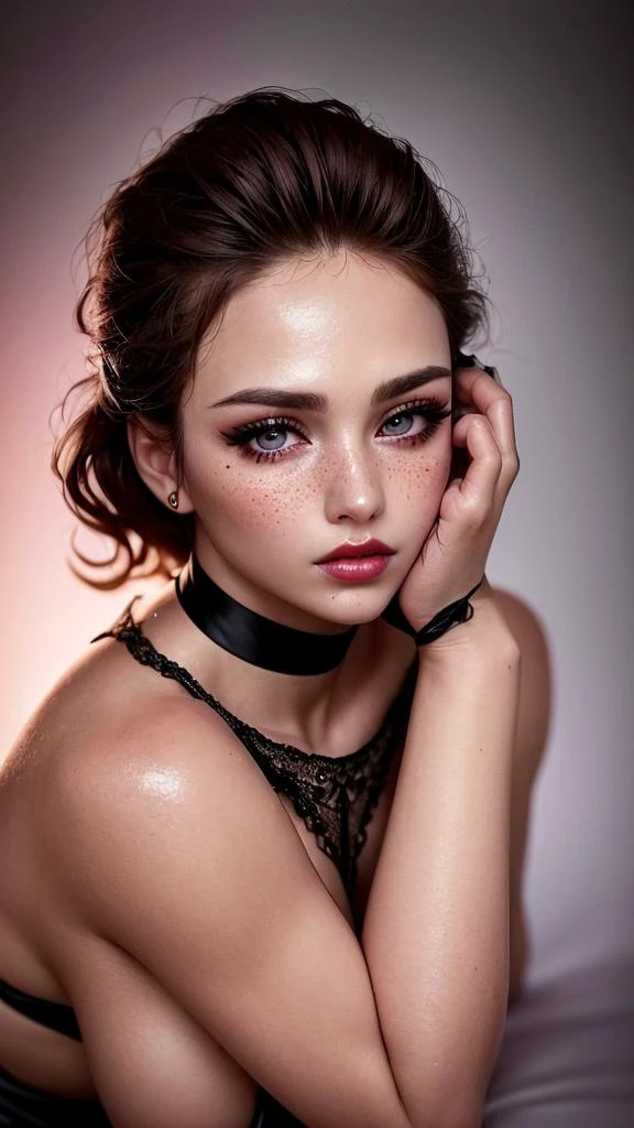 [(ulzzang 6500:0.1), (pureros:0.1):-0.05], (hyper realistic:1.25), (photo realistic:1.3), (dynamic pose:1.2), (masterpiece:1.2), (best quality:1.15), (1girl:1.2), (solo:1.2), (erotic:1.2), (korean mixed, kpop idol:1.3), (masculinity:1.25), (angular face:1.2), (choker+short skiny_outfit vintage gothic frill dress:1.1), (femme fatale:1.3), (upturned eyes:1.3), (thick eyebrows:1.1), (long Eyelashes+smokey eyeliner+eyeglitter+red eyeshadow+gloss lips+erotic sexy glitter makeup:1.1),  girl, teenager, (depth of field:1.1), (supreme quality beautiful face:1.3), (supreme quality beautiful bright eyes:1.3), (supreme quality hyper realistic texture human skin:1.3), (freckle, flush, blemish, fine wrinkles, pores, veiny, complexion:1.12), (lively skin, rough skin, dirty skin:1.15), (hyper extreme supreme quality beautiful women:1.1) (complete eyes, complete face:1.1), (realistic lighting, cinematic lighting:1.1), (simple background:1.25)