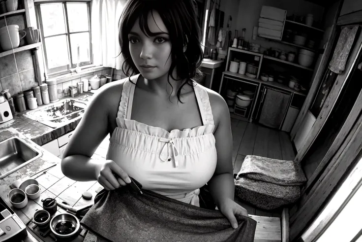 ultra-wide angle photo, Brazilian woman, wearing an apron, cooking, messy cluttered  kitchen, chaotic cabin in background, (highly detailed background:1.1), gloomy, photorealistic, realistic, dramatic, dark, sharp focus, 8k, by Esao Andrews, <lora:epiNoiseoffset_v2:0.5>