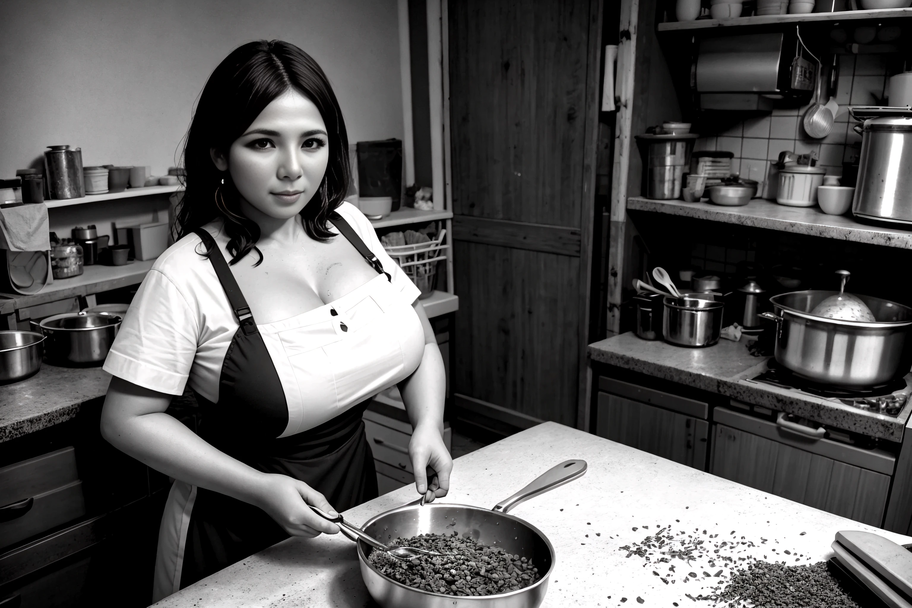 ultra-wide angle photo, Brazilian woman, wearing an apron, cooking, messy cluttered kitchen, chaotic cabin in background, (highly detailed background:1.1), gloomy, photorealistic, realistic, dramatic, dark, sharp focus, 8k, <lora:epiNoiseoffset_v2:0.5>