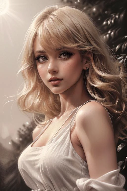 CharcoalDarkStyle, highly detailed, 1girl, beautiful woman, young woman, makeup, clear pale skin, rouge lips, detailed eyelashes, bangs, portrait, messy full hair, single blonde streak in hair, looking at viewer, see through white linen summer dress, sunshine background,<lora:CharcoalDarkStyle:1>