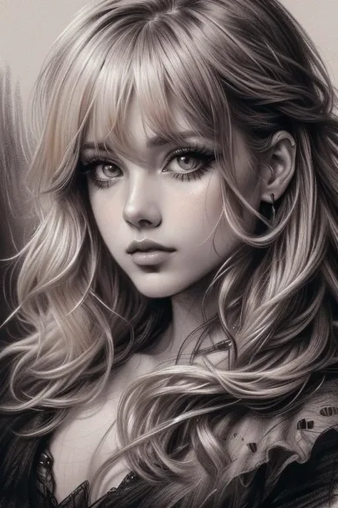 CharcoalDarkStyle, highly detailed, 1girl, beautiful woman, young woman, makeup, clear pale skin, detailed eyelashes, bangs, portrait, messy full hair, single blonde streak in hair, looking at viewer, <lora:CharcoalDarkStyle:1>