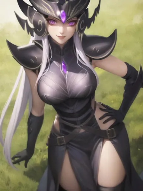sky, grass, field, syndra, league of legends, 1girl, hand on hips, armor, black gloves, black thighhighs, breasts, long hair, looking at viewer, purple eyes, smile, solo, thighhighs, white hair, sitting <lora:syndra-000037:1>