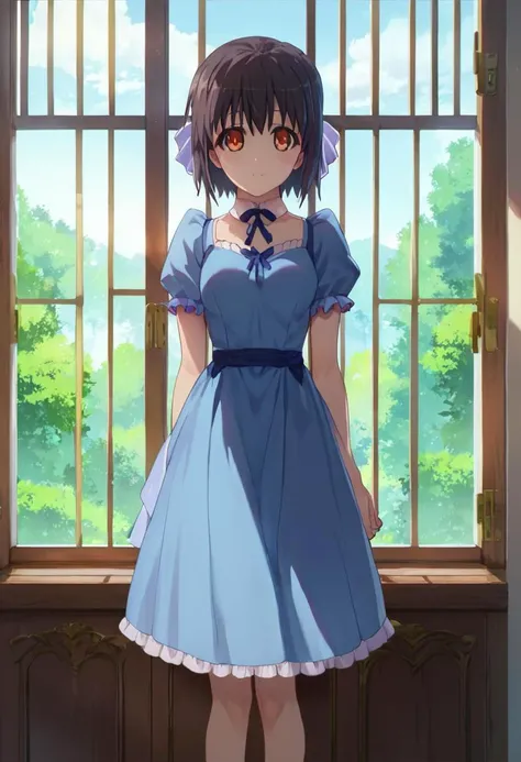 score_9, score_8_up, score_7_up, score_6_up, score_5_up, score_4_up, tomomi_saikyou, 1girl, solo, dress, blue dress, standing, window, looking at viewer <lora:Tomomi_Saikyou:1>