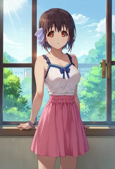 score_9, score_8_up, score_7_up, score_6_up, score_5_up, score_4_up, tomomi_saikyou, 1girl, solo, casual outfit, pink skirt, standing, window, looking at viewer <lora:Tomomi_Saikyou:1>