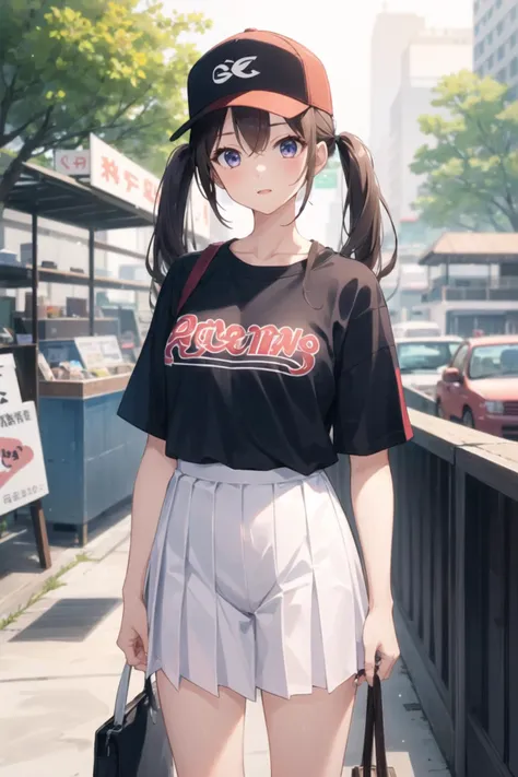 1girl, casual clothes, t-shirt, pleated skirt, twintails, long hair, short sleeves, standing, outdoors, hand in own hair