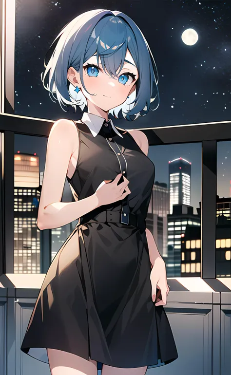 1girl, short hair, blue hair, blue eyes, black dress, collared dress, sleeveless dress, bare shoulders, bare arms, night, night sky