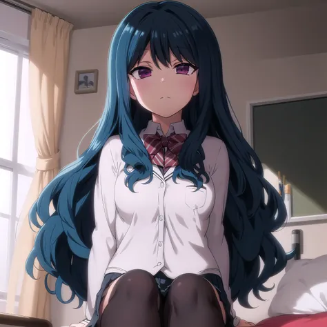 best quality, (masterpiece:1.2), highly detailed, indoors, bedroom, bed, sheets,
1girl, solo, <lora:chara_SaiminSeishidou_NozakiYuu_v1:0.8>, nozaki yuu, closed mouth, from front, looking at the viewer, standing,
blue hair, very long hair, wavy hair, purple eyes, school uniform, black socks