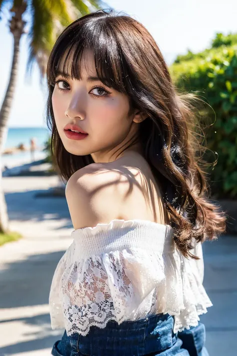 1 girl solo, (8k, RAW photo, best quality, masterpiece:1.2), (realistic, photo-realistic:1.4), (extremely detailed CG unity 8k wallpaper), (blurry_background:1.3), blurry_foreground, depth_of_field, (ultra-detailed), (best illustration), (best shadow), ultra-high res, close-up photo, (detailed face:1.4), makeup, beautiful eyes, good-looking, long hair, upper body, (colorful short shirt with off shoulder and lace trim:1.2), cleavage, small breasts, slim, perfect skin, Asian, standing, beach, seashore, palm_tree, water, summer, professional lighting,<lora:lalisamanoban_v1.0:0.8> lalisamanoban