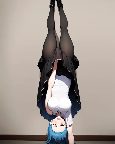 masterpiece, best_quality, 1girl, solo, lycoris challenge, handstand, holding clothes, lycoris recoil, thighs, large breasts, blue hair,