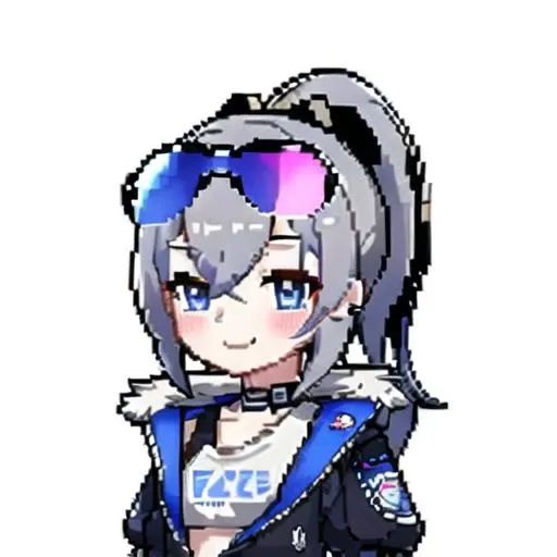 masterpiece, best quality, best 8k wallpaper,(Chibi),
1girl, official, solo, small breasts, silver hair, ponytail,
blush, smile, head, sunglasses,
white background, pixel