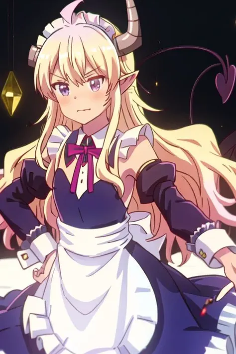 best quality, masterpiece, highres, solo, {maid:1.40}, {long maid dress:1.15}, {lilith_thedemongirlnextdoor:1.15}, horns, long_hair, demon_girl, demon_horns, blonde_hair, ahoge, blush, pointy_ears, purple_eyes, broken_horn, tail, demon_tail, crisis_management_form_\(machimazo\)