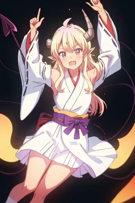 best quality, masterpiece, highres, solo, {white kimono:1.35}, {red hakama:1.35}, {wide sleeves:1.20}, {lilith_thedemongirlnextdoor:1.15}, horns, long_hair, demon_girl, demon_horns, blonde_hair, ahoge, blush, pointy_ears, purple_eyes, broken_horn, tail, demon_tail, crisis_management_form_\(machimazo\)