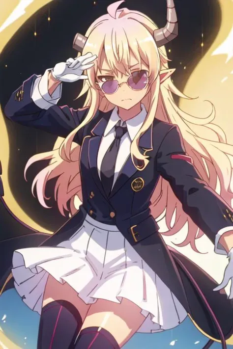 best quality, masterpiece, highres, solo, {black business suit:1.40}, {tie:1.20}, {sunglasses:1.25}, {white gloves:1.15}, {white shirt:1.10}, {black skirt:1.15}, {smoking:1.20}, handsome, {lilith_thedemongirlnextdoor:1.15}, horns, long_hair, demon_girl, demon_horns, blonde_hair, ahoge, blush, pointy_ears, purple_eyes, broken_horn, tail, demon_tail, crisis_management_form_\(machimazo\)