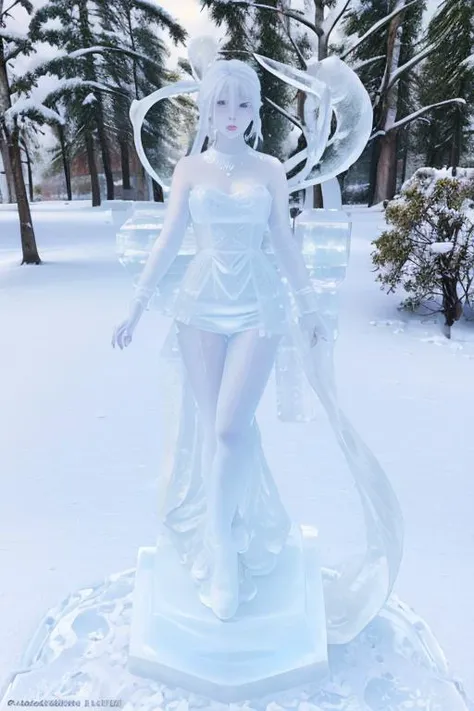 photo of a woman, a woman as a (made_of_ice:1.3), wearing elegant dress, on a pedestal, modelshoot style, photo of the most beautiful artwork in the world, High Detail, Sharp focus,(((in the snow))), full body, (closeup), <lora:made_of_ice:0.5>, <lora:betterCuteAsian03:0.3>,