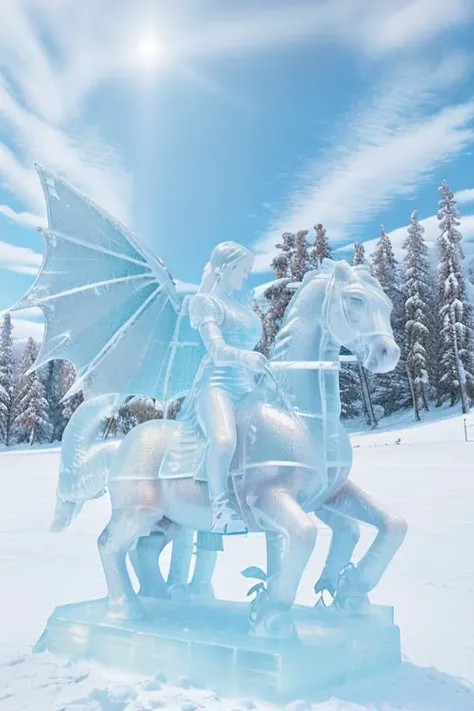 photo of a woman riding a dragon, a woman as a (made_of_ice:1.3), wearing armor, on a pedestal, modelshoot style, photo of the most beautiful artwork in the world, High Detail, Sharp focus,(((in the snow))), full body, (closeup), <lora:made_of_ice:0.6>, <lora:betterCuteAsian03:0.3>,