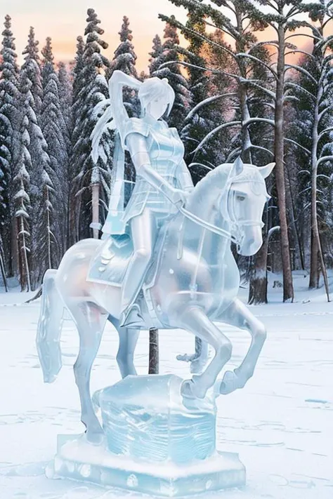 photo of a woman riding a horse, a woman as a (made_of_ice:1.3), wearing armor, on a pedestal, modelshoot style, photo of the most beautiful artwork in the world, High Detail, Sharp focus,(((in the snow))), full body, (closeup),    <lora:made_of_ice:0.5>,  <lora:betterCuteAsian03:0.3>,