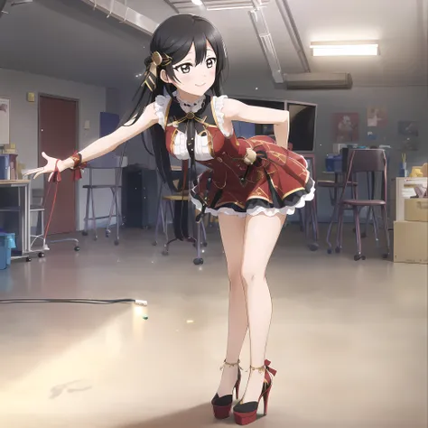 high quality, best quality, masterpiece, absurdres, setsuna yuki, idol, 1girl, basement, <lora:yuki:0.75>, pleaserclearheels, <lora:pleaserClearHeels_v1:0.5>, arms_behind_back, leaning_forward